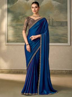 Sareemall - Women's Satin Silk Blue Zari Solid Saree