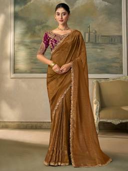 Sareemall - Women's Georgette Olive Zari Solid Saree