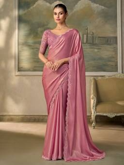 Sareemall - Women's Chiffon Pink Zari Solid Saree