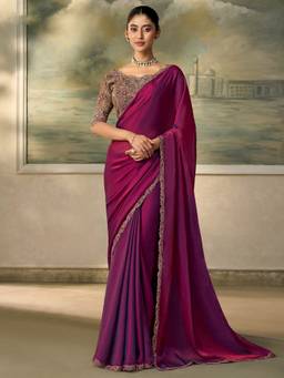 Sareemall - Women's Satin Silk Magenta Zari Solid Saree