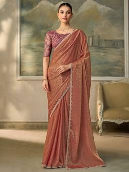 Sareemall - Women's Georgette Rust Zari Solid Saree