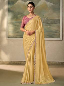 Sareemall - Women's Chiffon Yellow Zari Solid Saree