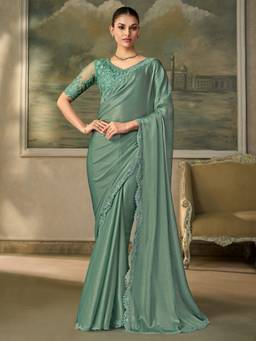 Sareemall - Women's Chiffon Green Zari Solid Saree