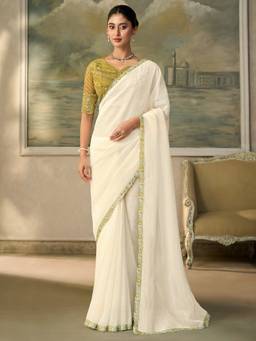 Sareemall - Women's Chiffon White Zari Solid Saree