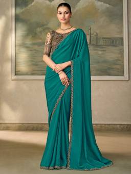 Sareemall - Women's Satin Silk Teal green Zari Solid Saree