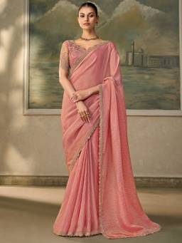 Sareemall - Women's Tissue Pink Zari Solid Saree