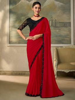Sareemall - Women's Chiffon Red Zari Solid Saree