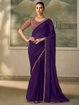 Sareemall - Women's Georgette Purple Zari Solid Saree