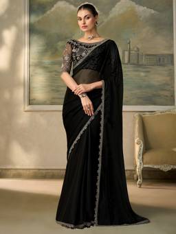 Sareemall - Women's Chiffon Black Zari Solid Saree