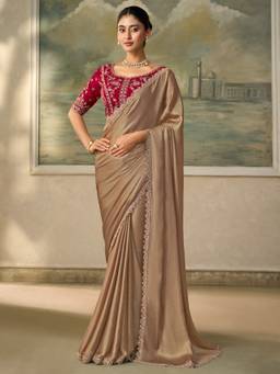 Sareemall - Women's Chiffon Beige Zari Solid Saree