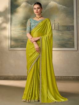 Sareemall - Women's Satin Silk Lime Green Zari Solid Saree