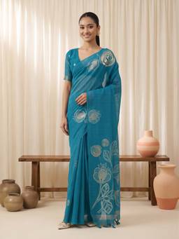 Sareemall - Women's Pure Silk Light Blue Printed Saree
