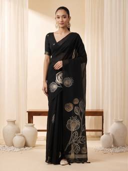 Sareemall - Women's Pure Silk Black Printed Saree