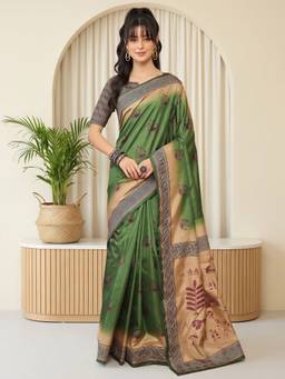 Akhilam - Green Silk Blend Printed Saree