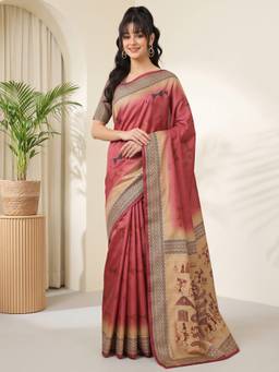 Akhilam - Women'S Silk Blend Red Digital Print Saree