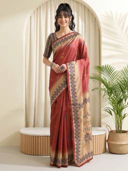 Akhilam - Rust Silk Blend Printed Saree