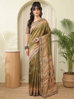 Akhilam - Olive Silk Blend Printed Saree