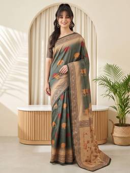 Akhilam - Grey Silk Blend Printed Saree