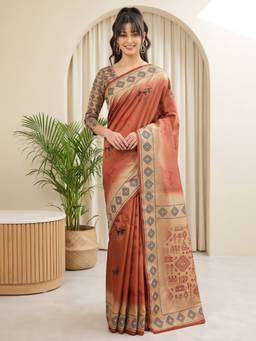 Akhilam - Women'S Silk Blend Rust Digital Print Saree