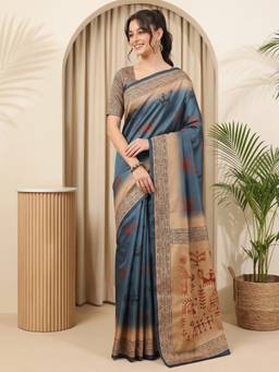 Akhilam - Women'S Silk Blend Blue Digital Print Saree
