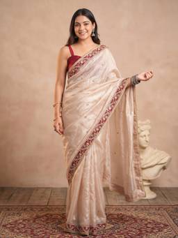 Akhilam - Women'S Satin Beige Embellished Saree