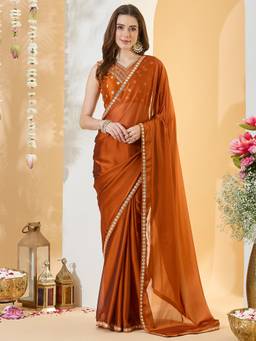Sareemall - Women's Pure Georgette Rust Solid Saree