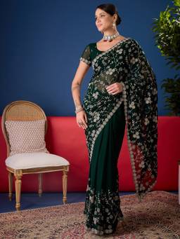 Sareemall - Women's Georgette Green Zari Embroidered Saree