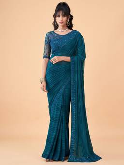 Akhilam - Teal Georgette Embellished Saree