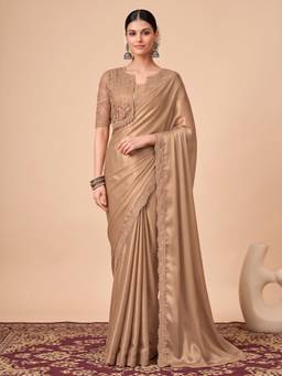 Akhilam - Women'S Georgette Beige Embellished Saree