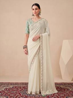 Akhilam - Women'S Georgette Off White Embellished Saree
