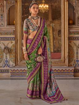 Akhilam - Women'S Silk Blend Green Printed Festive Saree