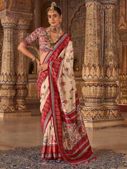 Akhilam - Women'S Silk Blend Cream Printed Festive Saree