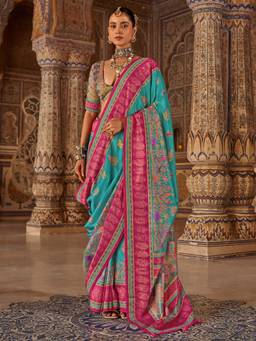 Akhilam - Women'S Silk Blend Turquoise Printed Festive Saree