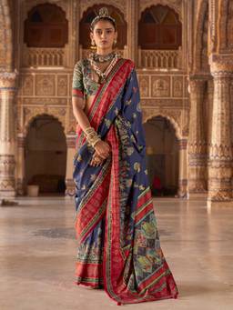 Akhilam - Women'S Silk Blend Navy Blue Printed Festive Saree