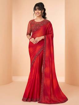Akhilam - Red Chiffon Embroidered Saree