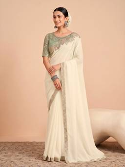 Akhilam - Women'S Tissue Off White Embellished Saree