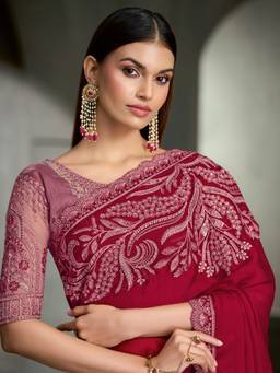 Akhilam - Women'S Satin Silk Red Zari Embroidered Saree