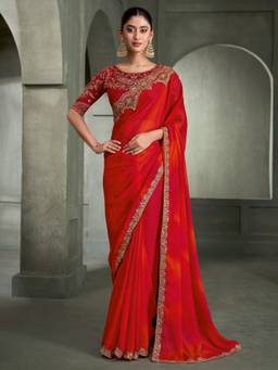 Akhilam - Women'S Chiffon Red Zari Embroidered Saree