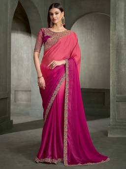 Akhilam - Women'S Chiffon Pink Zari Embroidered Saree