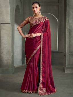 Akhilam - Women'S Satin Silk Burgundy Zari Embroidered Saree