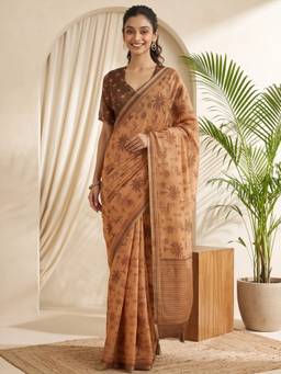 Akhilam - Rust Cotton Linen Printed Saree