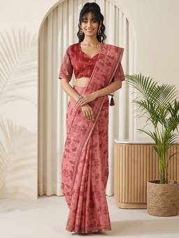 Akhilam - Peach Cotton Linen Printed Saree