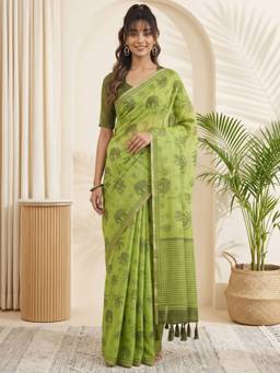 Akhilam - Light Green Cotton Linen Printed Saree