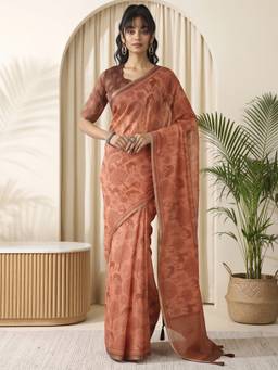 Akhilam - Rust Cotton Linen Printed Saree