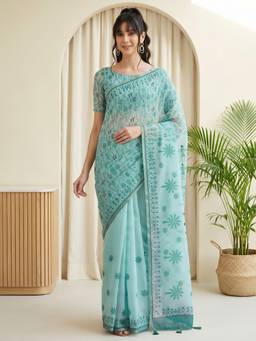 Akhilam - Light Blue Cotton Linen Printed Saree