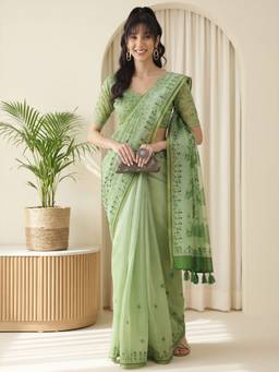 Akhilam - Light Green Cotton Linen Printed Saree