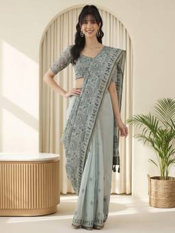 Akhilam - Grey Cotton Linen Printed Saree
