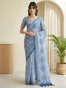 Akhilam - Light Blue Cotton Linen Printed Saree