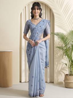 Akhilam - Light Blue Cotton Linen Printed Saree