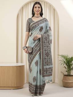 Akhilam - Light Blue Cotton Linen Printed Saree